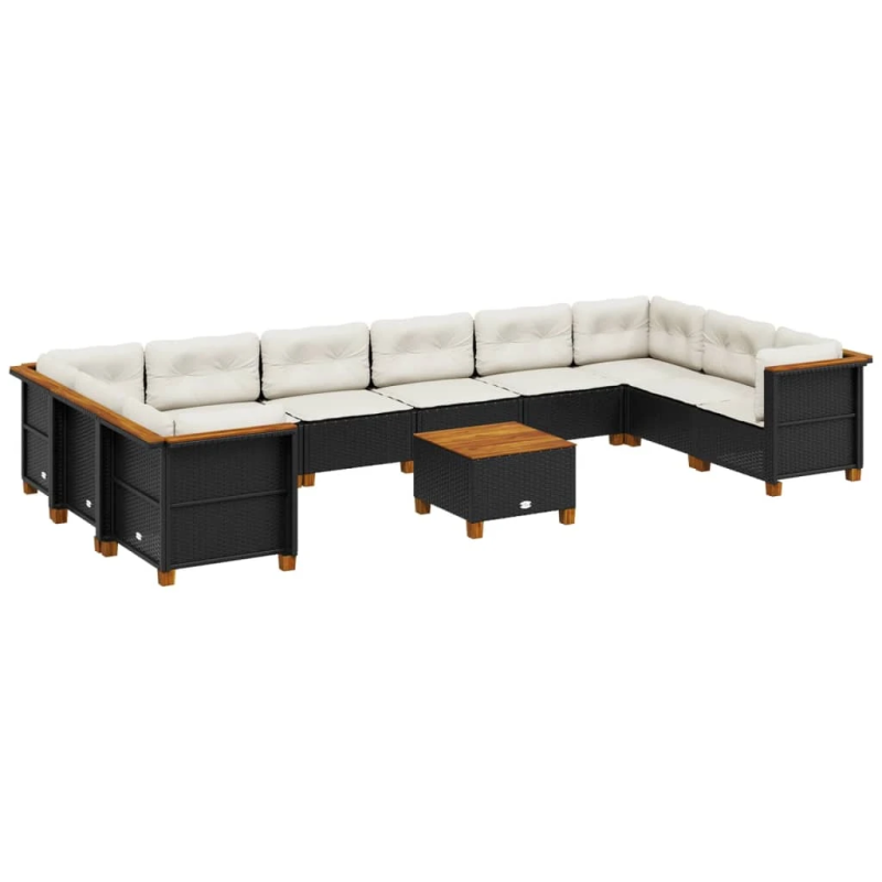 vidaXL 11-daļīgs dārza dīvāna komplekts, matrači, melna PE rotangpalma