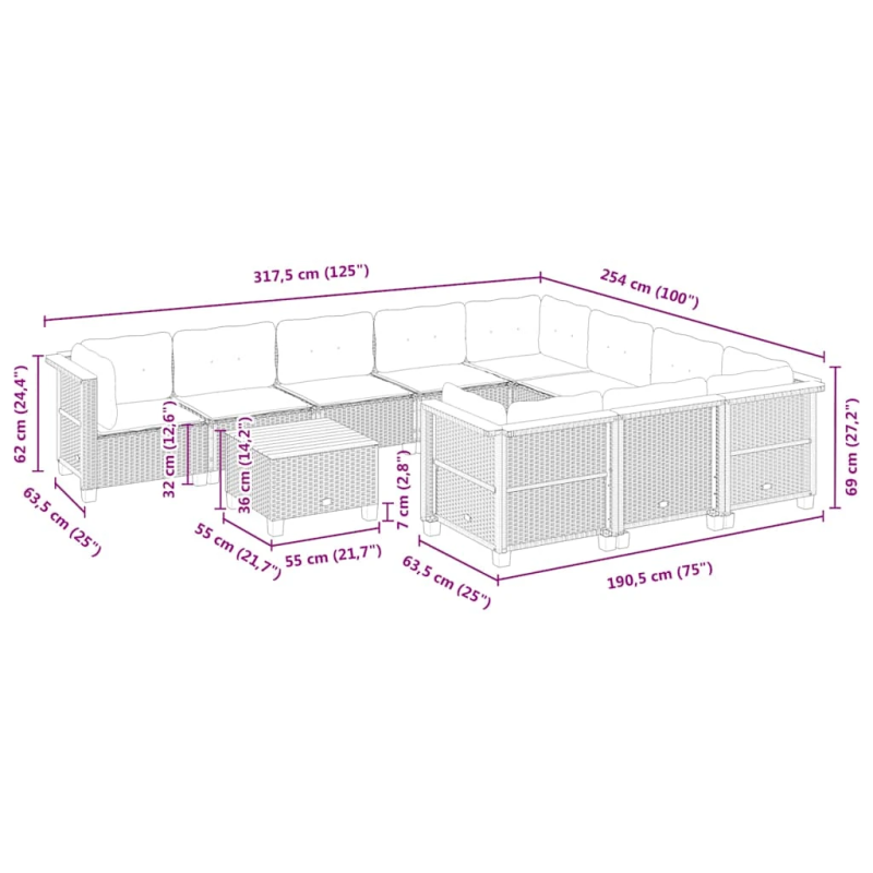 vidaXL 11-daļīgs dārza dīvāna komplekts, matrači, bēša PE rotangpalma