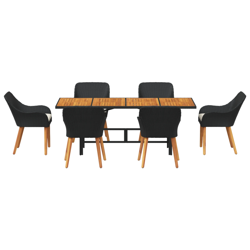 vidaXL Dārza ēdamgalds ar spilvenu 7 pcs Melna poliratāns