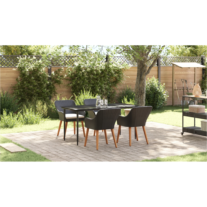 vidaXL Dārza ēdamgalds ar spilvenu 5 pcs Melna poliratāns