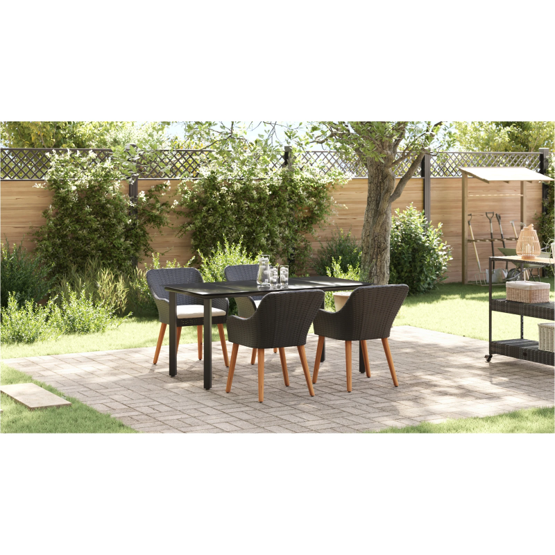 vidaXL Dārza ēdamgalds ar spilvenu 5 pcs Melna poliratāns