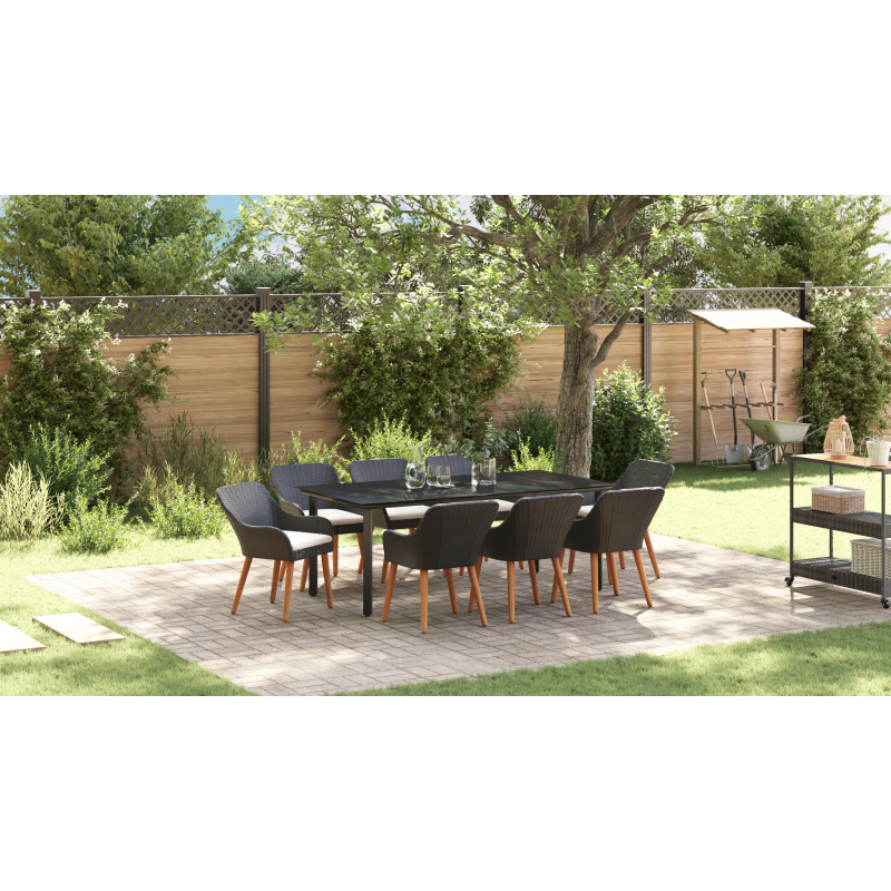 vidaXL Dārza ēdamgalds ar spilvenu 9 pcs Melna poliratāns