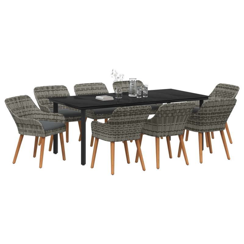 vidaXL Dārza ēdamgalds ar spilvenu 9 pcs Pelēka poliratāns