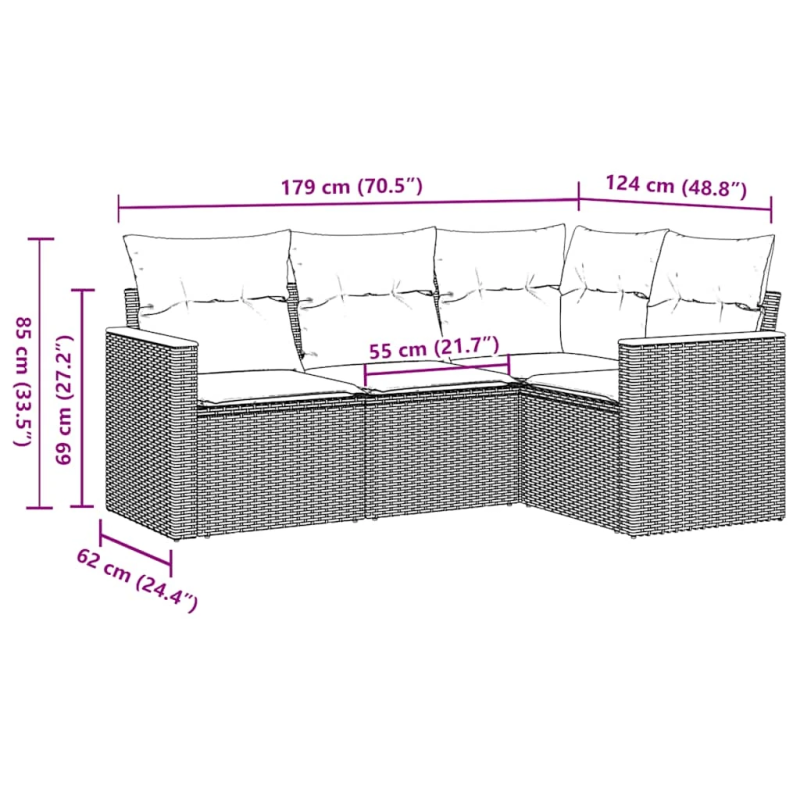 vidaXL 4-daļīgs dārza dīvāna komplekts ar matračiem, PE rotangpalma