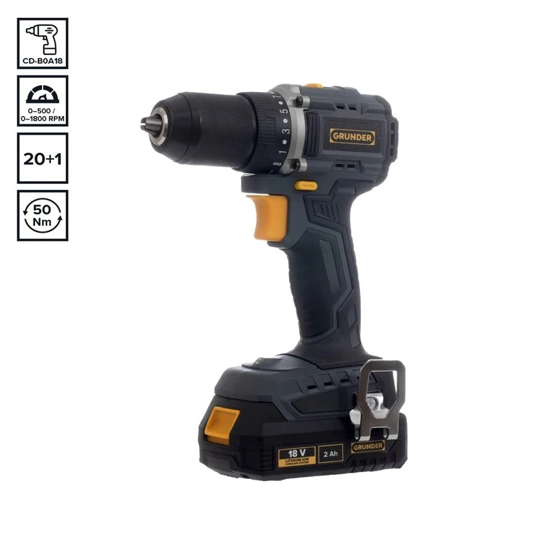 Instrumentu komplekts GRUNDER CD-B0A18+AG-B0118E. 18V. 2Ah. 4Ah