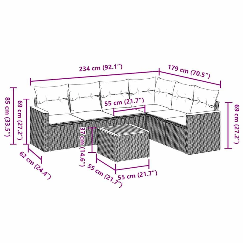 vidaXL 7-daļīgs dārza dīvāna komplekts ar matračiem, melna PE