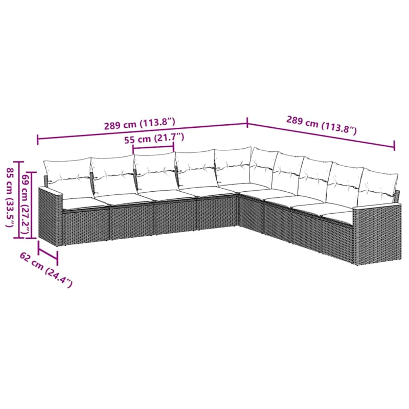 vidaXL 9-daļīgs dārza dīvāna komplekts, matrači, melna PE rotangpalma