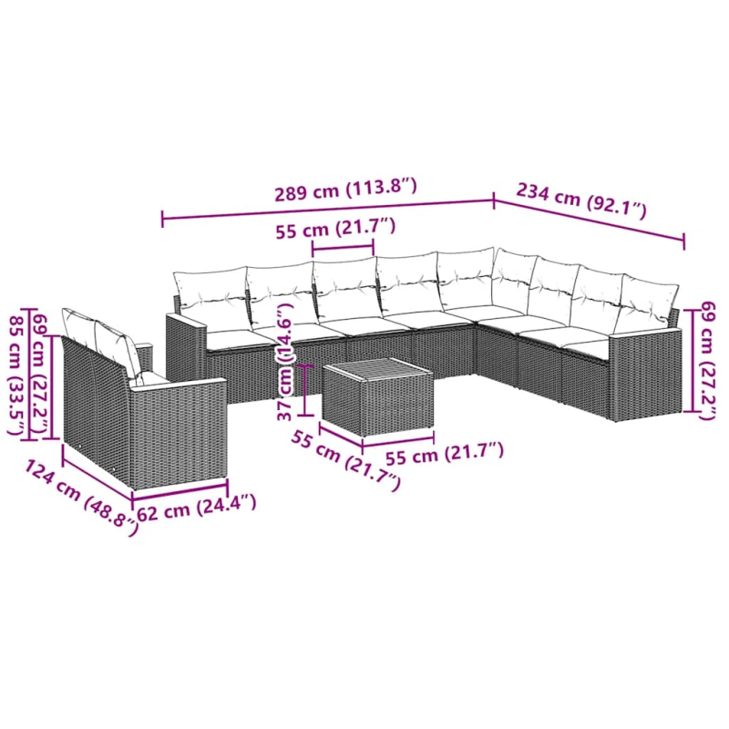 vidaXL 11-daļīgs dārza dīvāna komplekts, matrači, melna PE rotangpalma