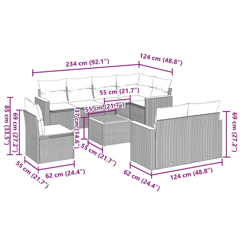 vidaXL 9-daļīgs dārza dīvāna komplekts, matrači, melna PE rotangpalma