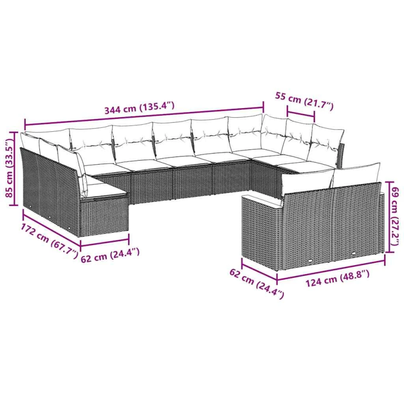 vidaXL 12-daļīgs dārza dīvānu komplekts, matrači, melna PE rotangpalma