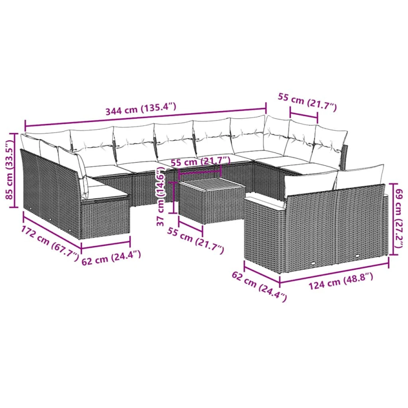 vidaXL 13-daļīgs dārza dīvāna komplekts ar matračiem, PE rotangpalma