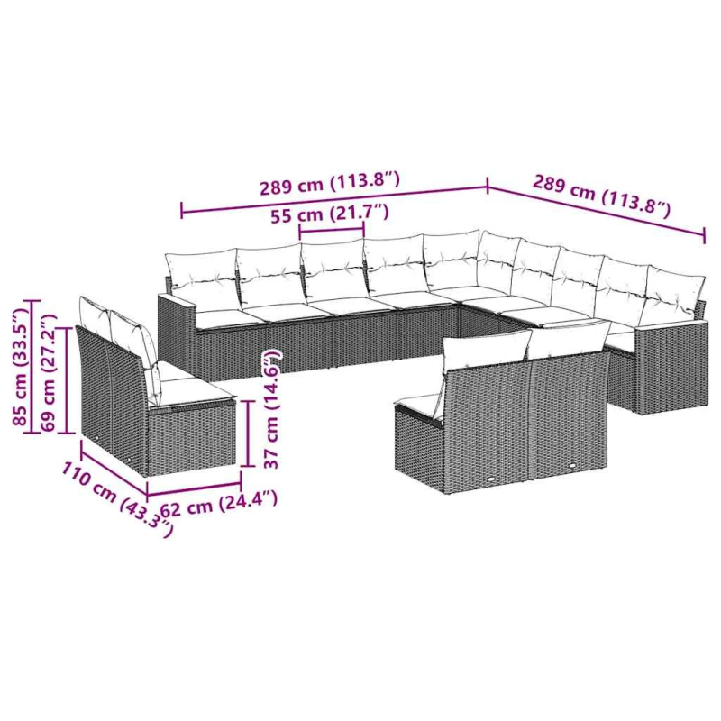 vidaXL 13-daļīgs dārza dīvāna komplekts ar matračiem, PE rotangpalma