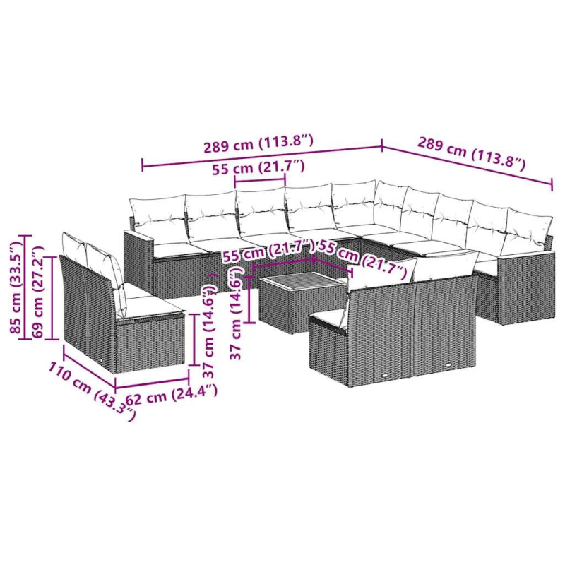 vidaXL 14-daļīgs dārza dīvāna komplekts, matrači, melna PE rotangpalma