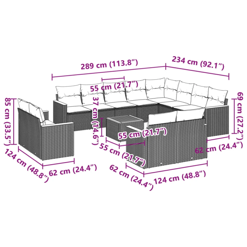 vidaXL 13-daļīgs dārza dīvāna komplekts ar matračiem, PE rotangpalma