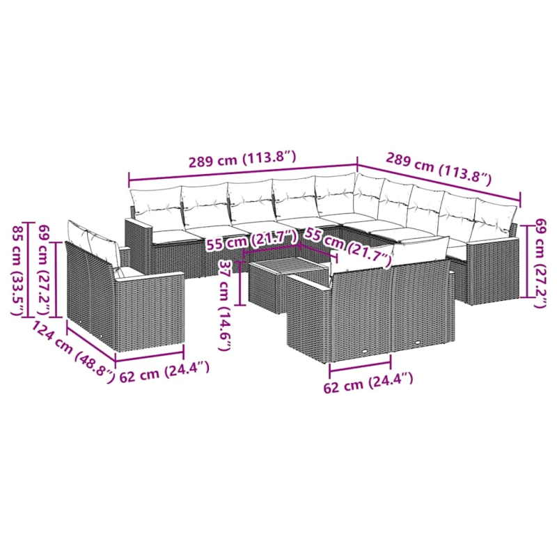 vidaXL 14-daļīgs dārza dīvāna komplekts, matrači, melna PE rotangpalma