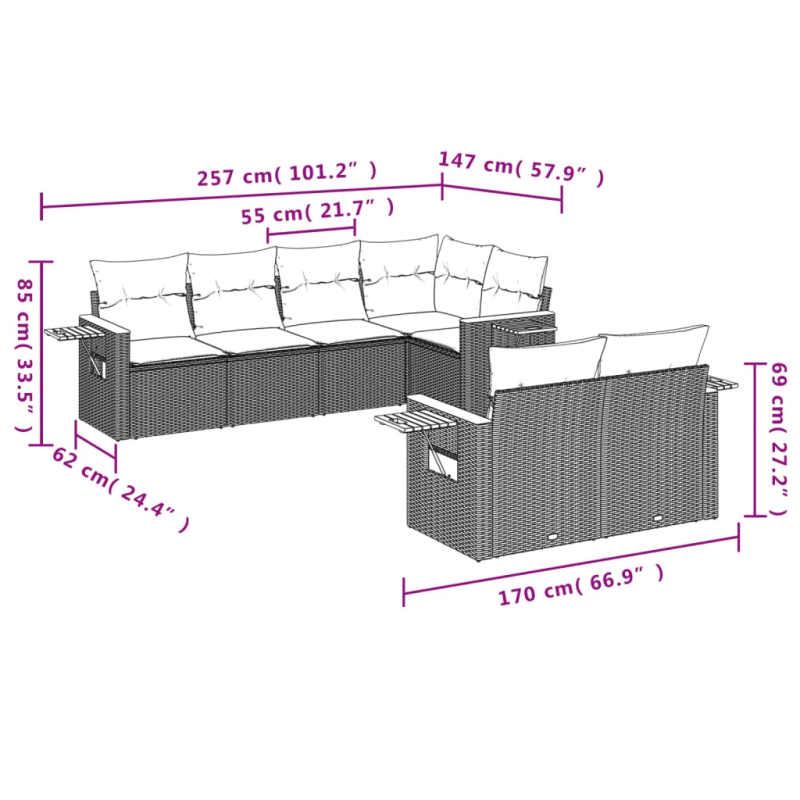 vidaXL 7-daļīgs dārza dīvāna komplekts, matrači, pelēka PE rotangpalma
