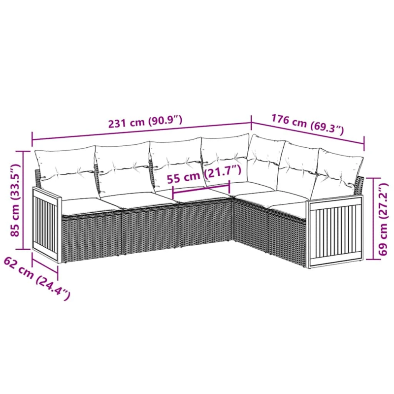 vidaXL 6-daļīgs dārza dīvāna komplekts, matrači, melna PE rotanpalma