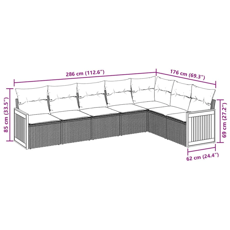 vidaXL 7-daļīgs dārza dīvāna komplekts ar matračiem, melna PE