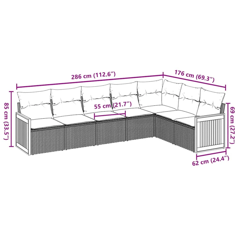 vidaXL 7-daļīgs dārza dīvāna komplekts, matrači, bēša PE rotangpalma