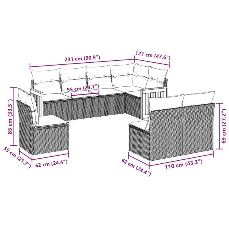 vidaXL 8-daļīgs dārza dīvāna komplekts, matrači, melna PE rotangpalma