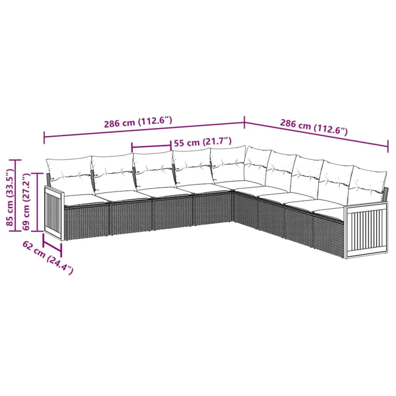 vidaXL 9-daļīgs dārza dīvāna komplekts, matrači, melna PE rotangpalma