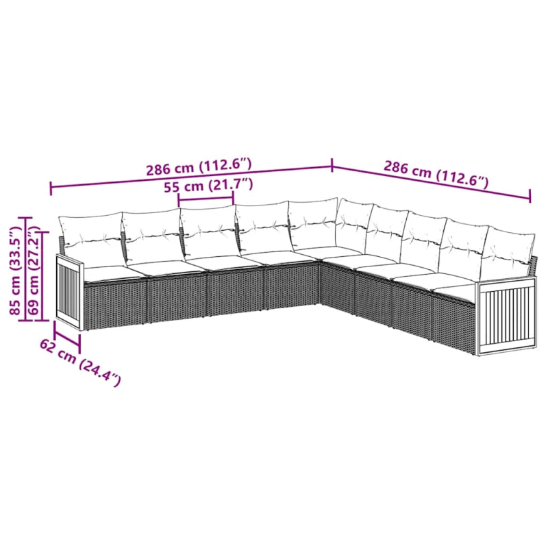 vidaXL 9-daļīgs dārza dīvāna komplekts, matrači, melna PE rotangpalma