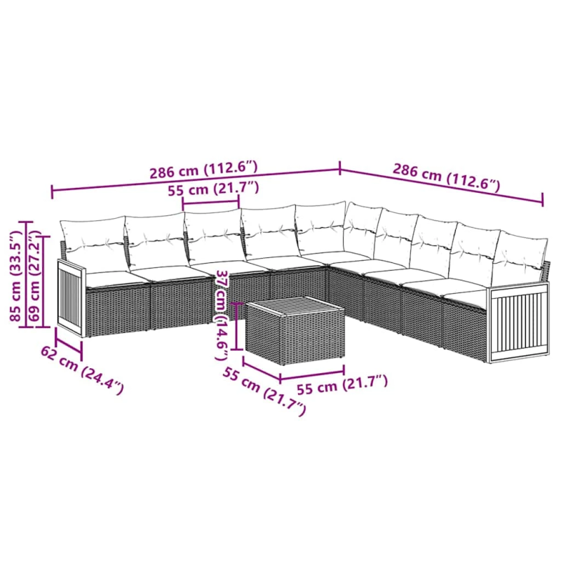 vidaXL 10-daļīgs dārza dīvāna komplekts, matrači, melna PE rotangpalma