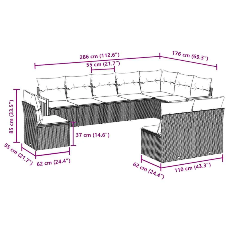 vidaXL 10-daļīgs dārza dīvāna komplekts, matrači, melna PE rotangpalma