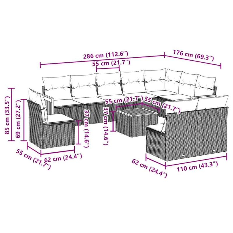 vidaXL 11-daļīgs dārza dīvāna komplekts, matrači, melna PE rotangpalma
