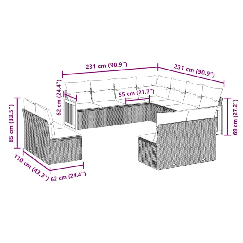 vidaXL 11-daļīgs dārza dīvāna komplekts, matrači, melna PE rotangpalma