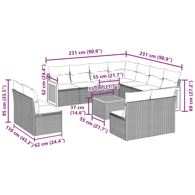 vidaXL 12-daļīgs dārza dīvānu komplekts, matrači, melna PE rotangpalma