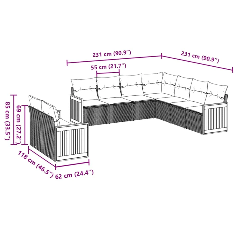 vidaXL 9-daļīgs dārza dīvāna komplekts, matrači, melna PE rotangpalma