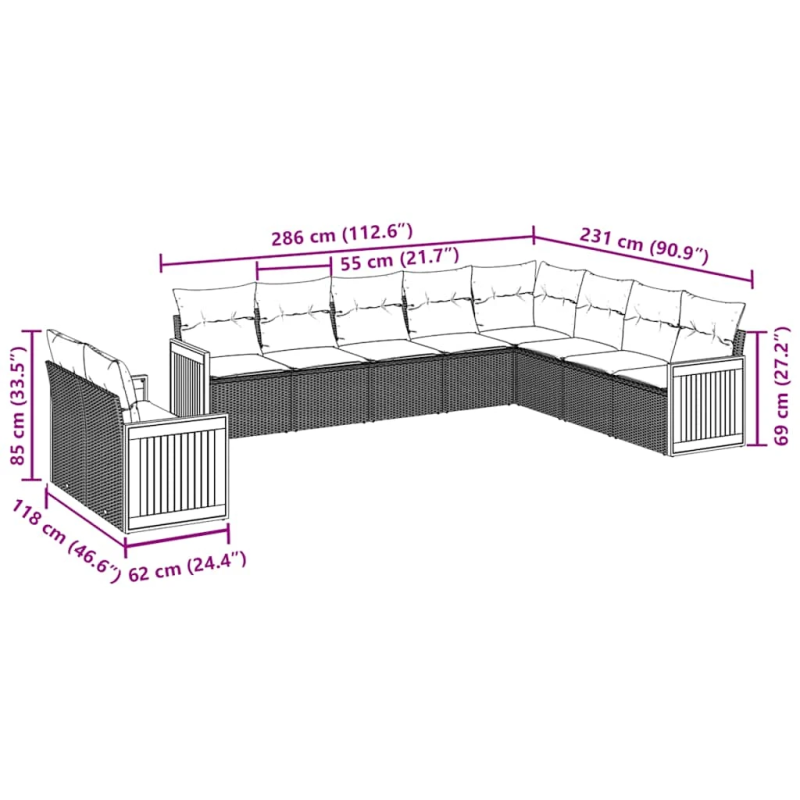 vidaXL 10-daļīgs dārza dīvāna komplekts, matrači, melna PE rotangpalma
