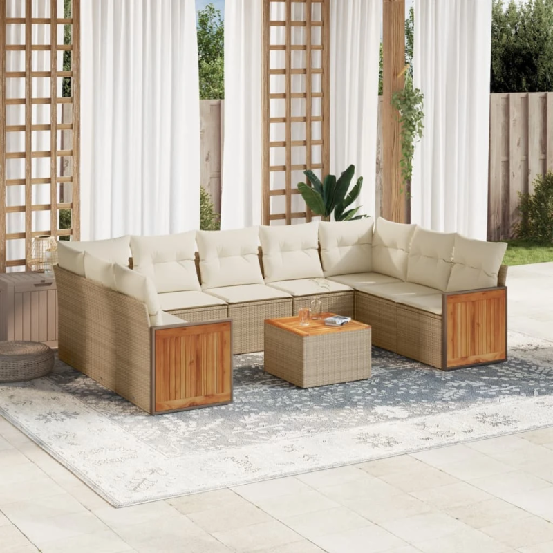 vidaXL 10-daļīgs dārza dīvāna komplekts, matrači, bēša PE rotangpalma