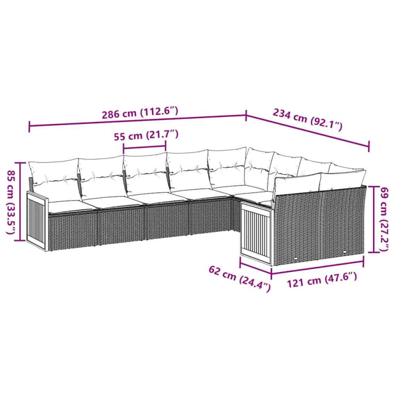 vidaXL 9-daļīgs dārza dīvāna komplekts, matrači, melna PE rotangpalma