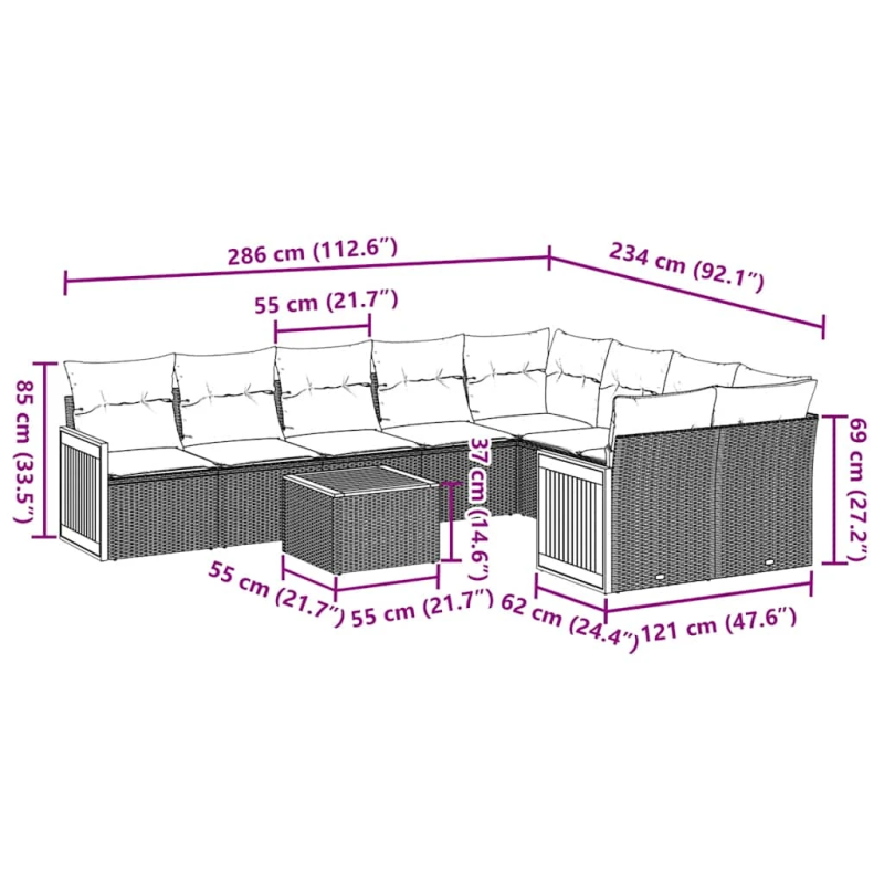 vidaXL 10-daļīgs dārza dīvāna komplekts, matrači, melna PE rotangpalma