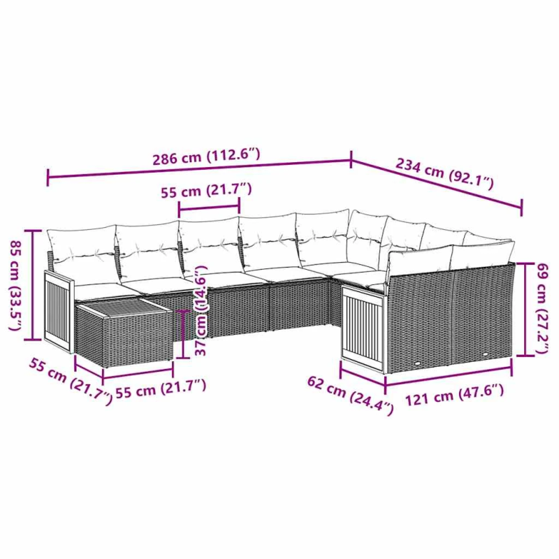 vidaXL 10-daļīgs dārza dīvāna komplekts, matrači, melna PE rotangpalma
