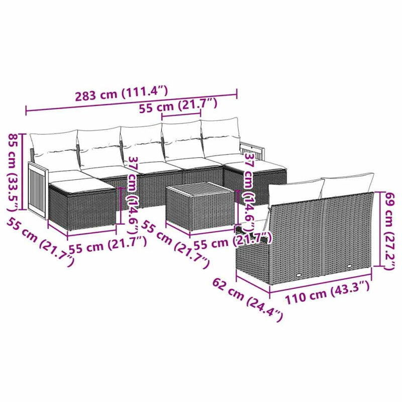 vidaXL 10-daļīgs dārza dīvāna komplekts, matrači, melna PE rotangpalma