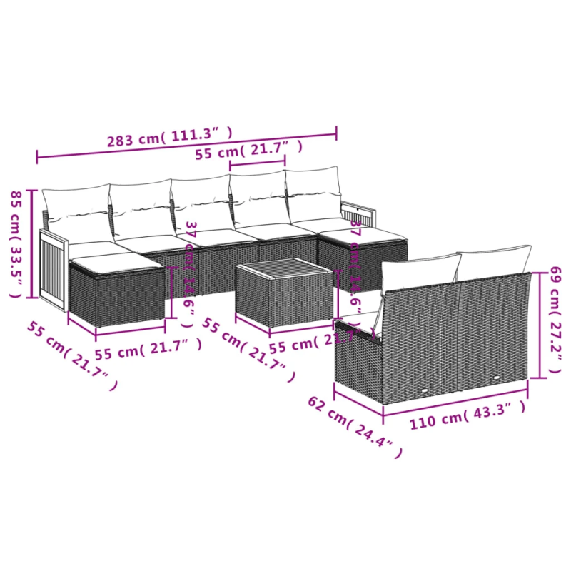 vidaXL 10-daļīgs dārza dīvāna komplekts, matrači, bēša PE rotangpalma