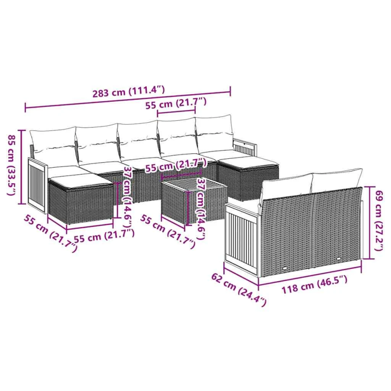 vidaXL 10-daļīgs dārza dīvāna komplekts, matrači, melna PE rotangpalma