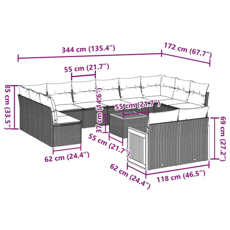 vidaXL 13-daļīgs dārza dīvāna komplekts ar matračiem, PE rotangpalma