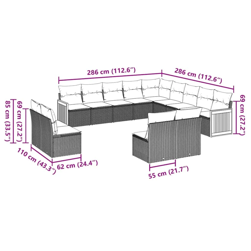 vidaXL 13-daļīgs dārza dīvāna komplekts ar matračiem, PE rotangpalma