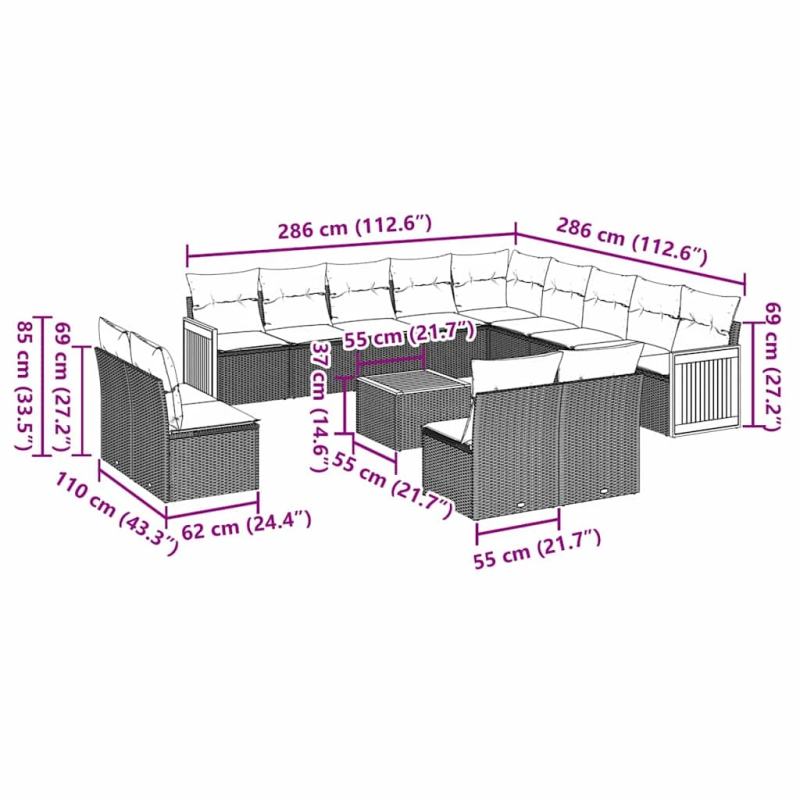 vidaXL 14-daļīgs dārza dīvāna komplekts, matrači, melna PE rotangpalma