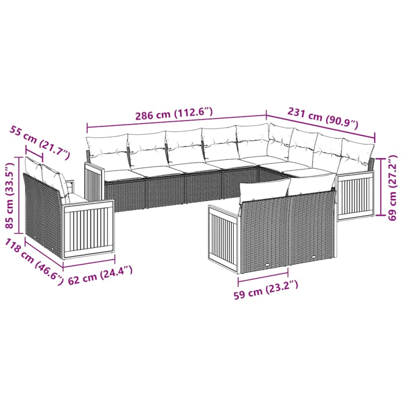 vidaXL 12-daļīgs dārza dīvānu komplekts, matrači, melna PE rotangpalma