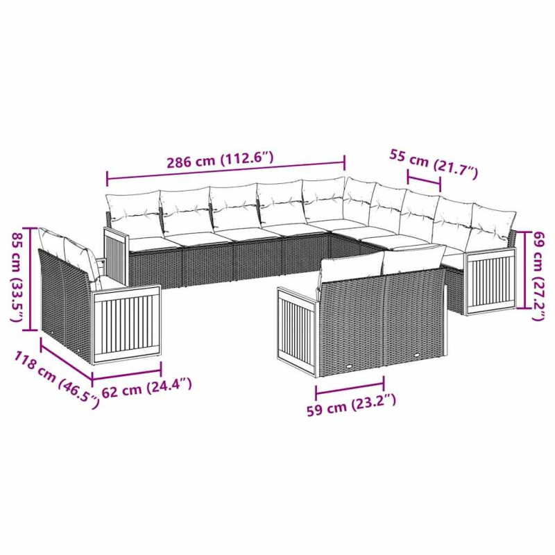 vidaXL 13-daļīgs dārza dīvāna komplekts ar matračiem, PE rotangpalma