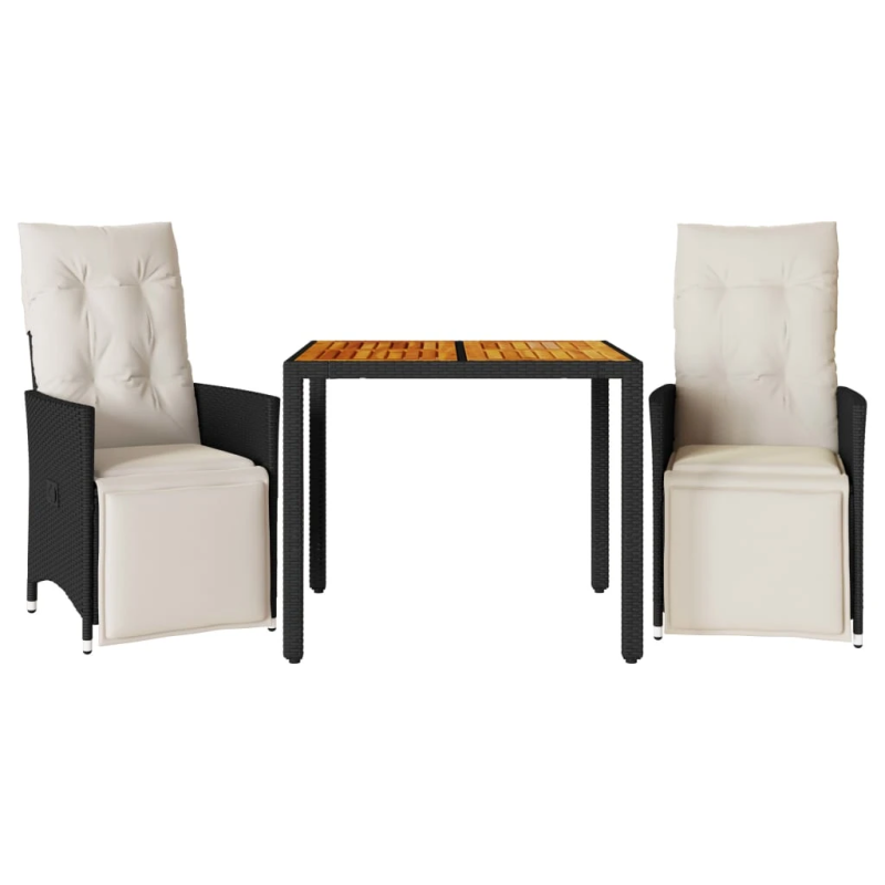 vidaXL 3-daļīgs bistro mēbeļu komplekts, matrači, melna PE rotangpalma