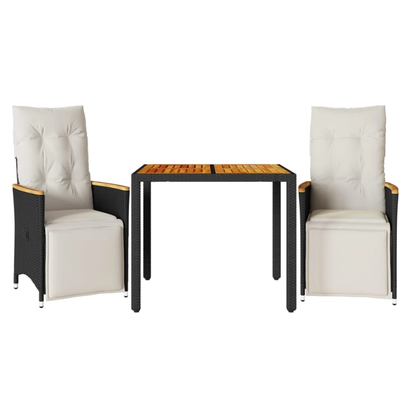 vidaXL 3-daļīgs bistro mēbeļu komplekts, matrači, melna PE rotangpalma