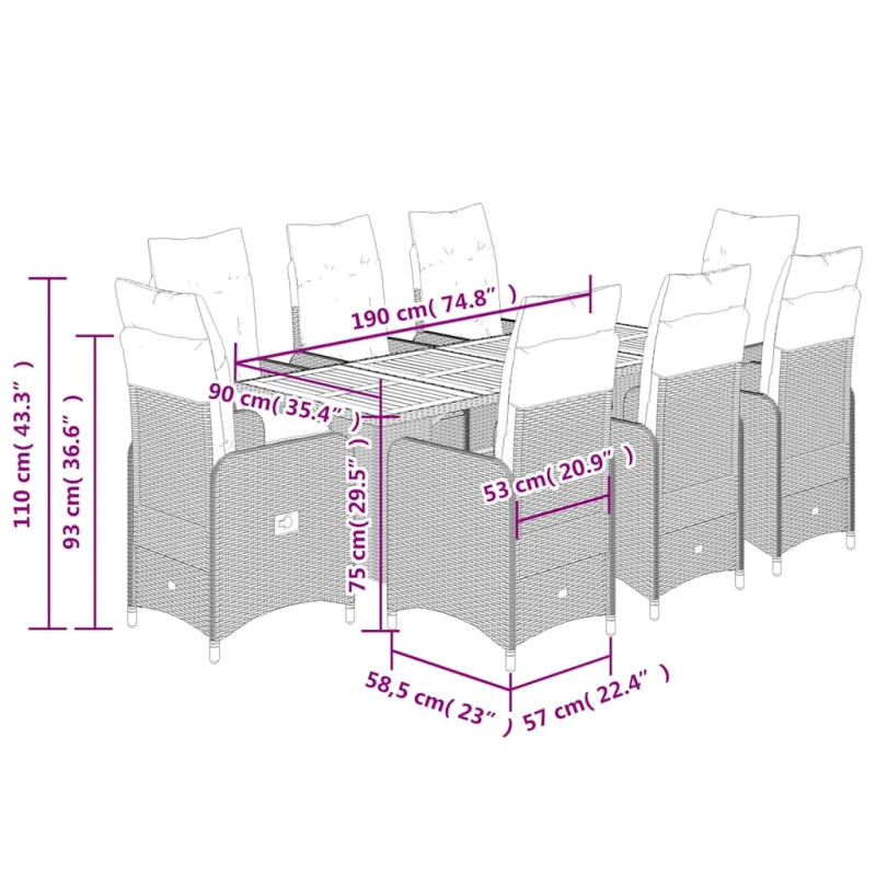 vidaXL 9-daļīgs bistro mēbeļu komplekts, matrači, melna PE rotangpalma