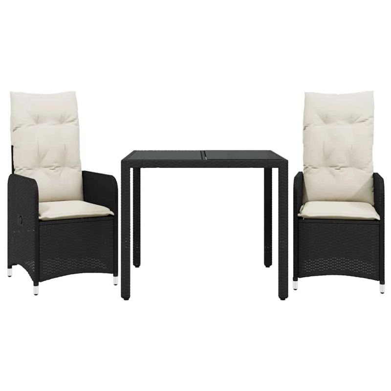 vidaXL 3-daļīgs bistro mēbeļu komplekts, matrači, melna PE rotangpalma