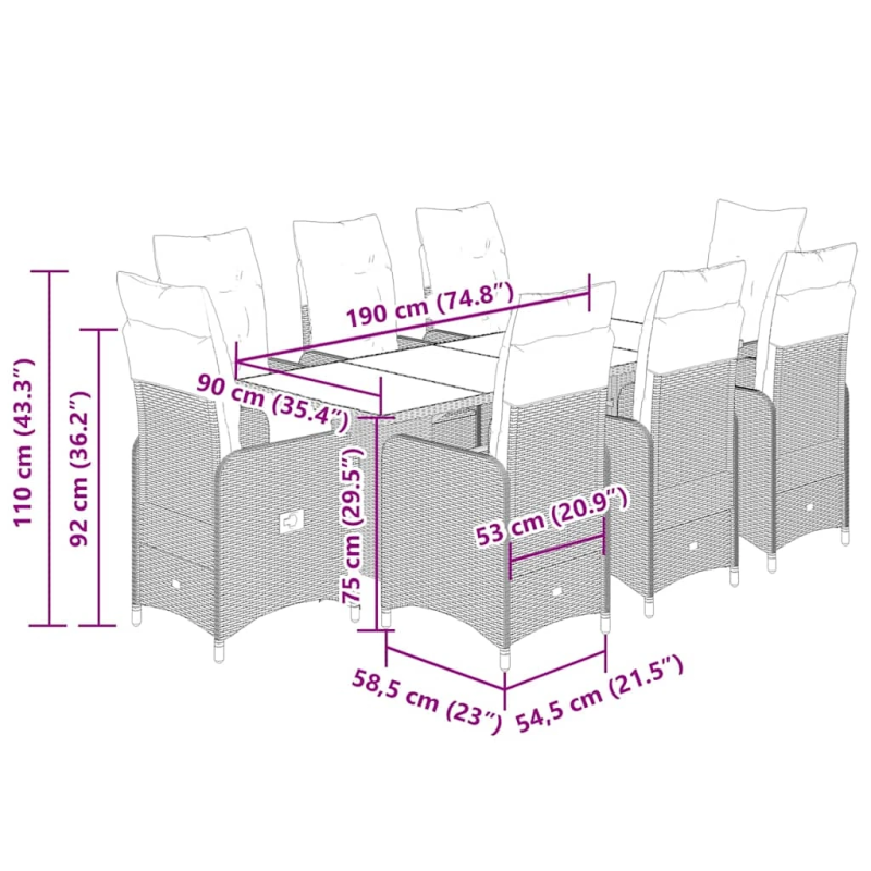 vidaXL 9-daļīgs bistro mēbeļu komplekts, matrači, melna PE rotangpalma